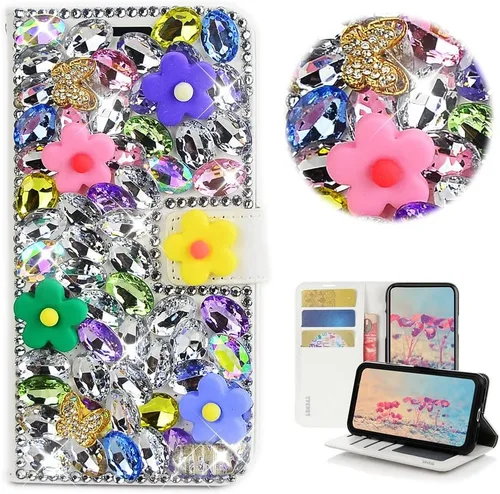 Miniatura 8 de Bling Wallet - Funda de cuero para teléfono compatible con iPhone 11, elegante, hecha a mano en 3D, diseño de calavera punk con purpurina