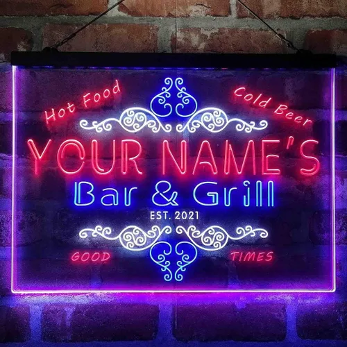 Letrero de luz de neón LED tricolor personalizado para bar y parrilla, nombre personalizado, fecha, texto, cita, fuente blanco, azul y rojo, 17.7 x