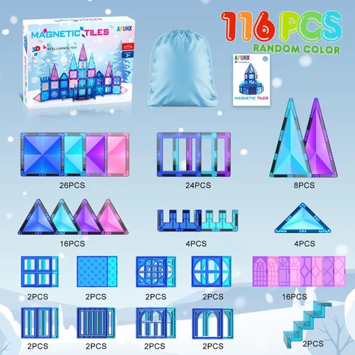 Miniatura 7 de AFUNX Azulejos magnéticos, 116 bloques de construcción magnéticos, bloques magnéticos de diamante 3D, juguetes de construcción para niños, juguetes