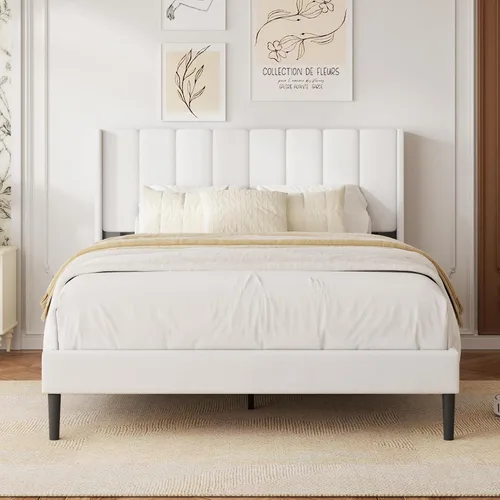 Miniatura 14 de Base de cama tamaño Queen con cabecero vertical Chanel acolchado y respaldo de alas, cama de plataforma tapizada, listones de madera fuertes, fácil