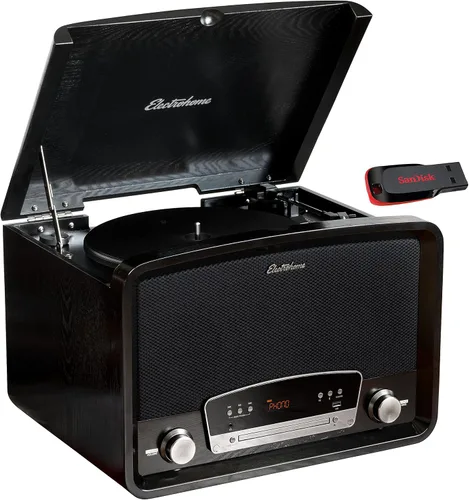 Electrohome Kingston - Reproductor de discos de vinilo vintage 7 en 1, sistema estéreo, tocadiscos de 3 velocidades, Bluetooth, radio AM/FM, CD