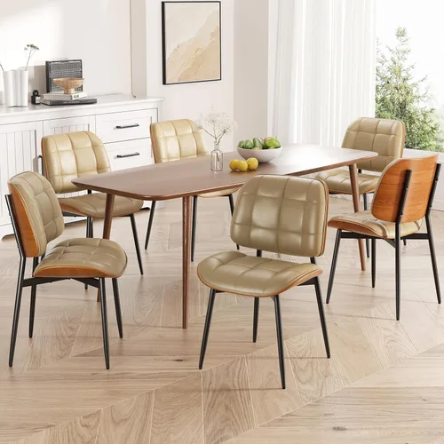 Miniatura 42 de Silla de comedor, moderna de mediados de siglo con cojín grueso, sillas de cocina tapizadas de piel sintética con respaldo de madera curvada de Beige