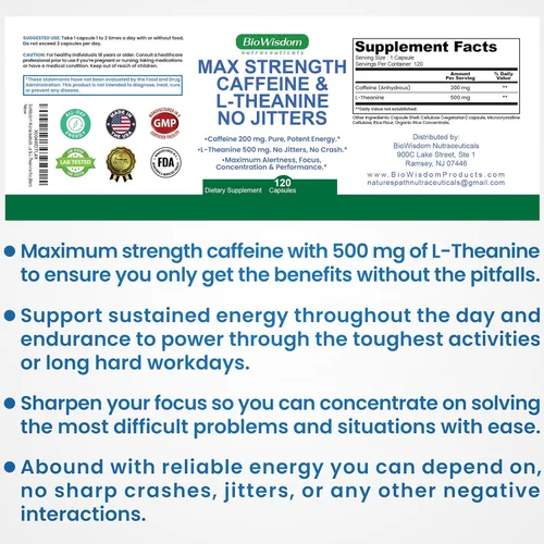 Miniatura 7 de Max Strength Caffeine L Theanine Pills (200 mg/500 mg) – Sin nerviosismo máximo de energía, enfoque, rendimiento, alerta – Pastillas de cafeína