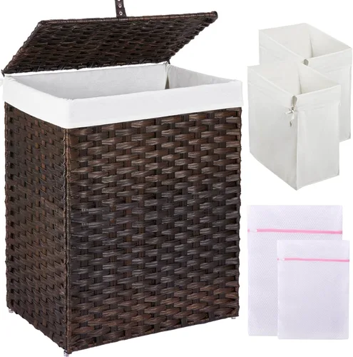 GREENSTELL - Cesta de ropa con tapa, 90 l, con 2 bolsas extraíbles y 2 bolsas de malla, cesto de ratán sintético tejido a mano para ropa, juguetes