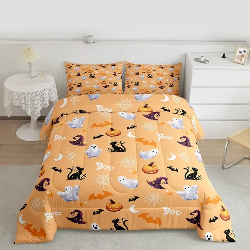 Miniatura 39 de Juego de edredón rosa con temática de Halloween, tamaño individual, edredón de farol de calabaza para adolescentes, juego de ropa de cama de Multi