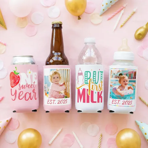 Miniatura 4 de Enfriador de latas personalizado de primer cumpleaños a granel con nombre de foto, decoraciones personalizadas para el primer cumpleaños del bebé