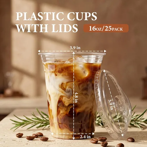 Miniatura 2 de Paquete de 25 vasos de plástico transparente de 16 onzas con tapas para sorber, sin BPA, aptos para alimentos, desechables, tazas de café helado
