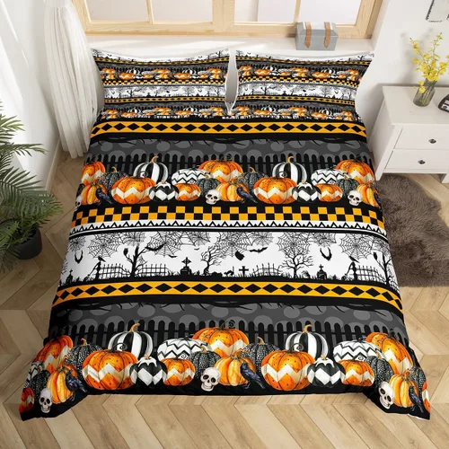 Miniatura 13 de Lindo juego de funda de edredón de fantasma, tamaño individual para niños y niñas, juego de ropa de cama de calabaza y calavera de azúcar, funda