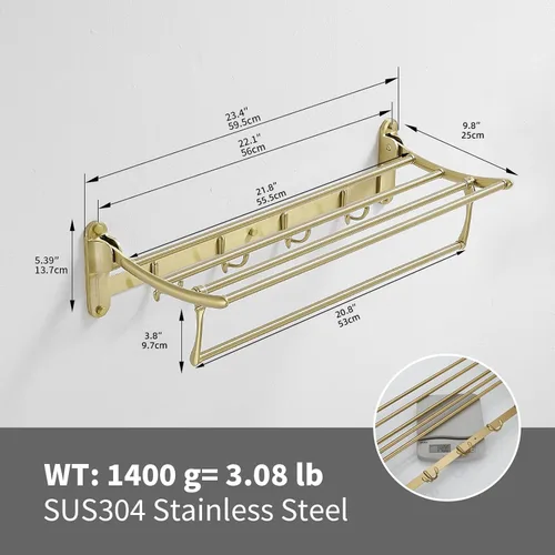 Miniatura 6 de BESy Toalleros de 24 Pulgadas en Oro Cepillado, Estante de Toallas de Baño con Barra Plegable y Ganchos para Toallas, Accesorios de Baño