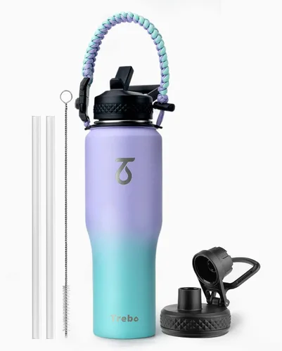 Miniatura 22 de Trebo Botella de agua de 40 onzas con aislamiento que cabe en portavasos de automóvil con asa, botellas de agua de acero inoxidable vaso con tapas