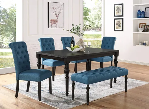 Miniatura 12 de Roundhill Furniture Leviton Urban Style - Juego de comedor de madera lavada oscura: mesa, 4 sillas y banco, gris