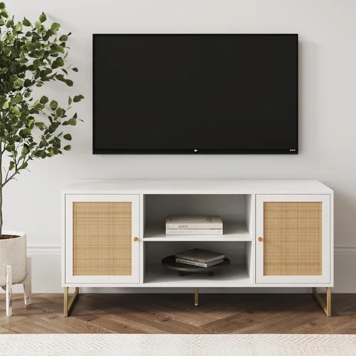 Nathan James Mina - Soporte moderno de TV, gabinete de entretenimiento, consola con puertas de almacenamiento de ratán natural, detalles de latón
