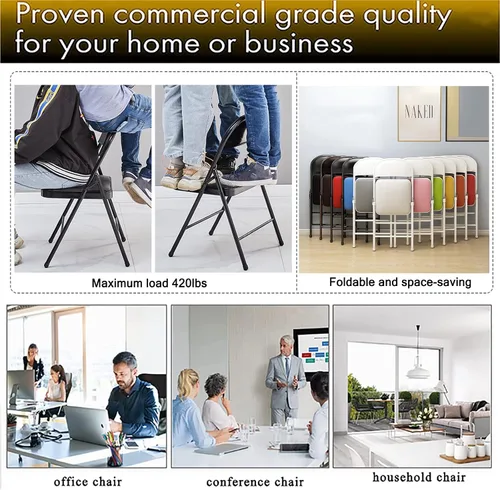 Miniatura 6 de Silla plegable con asiento acolchado de piel sintética, silla plegable ergonómica de metal con respaldo, silla portátil básica para oficina en casa