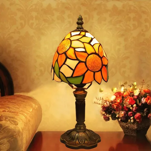 BMXKPO Lámpara de mesa estilo Tiffany, lámpara de vidrio emplomado de girasol, pequeña lámpara de noche antigua de 6 pulgadas, para dormitorio, sala