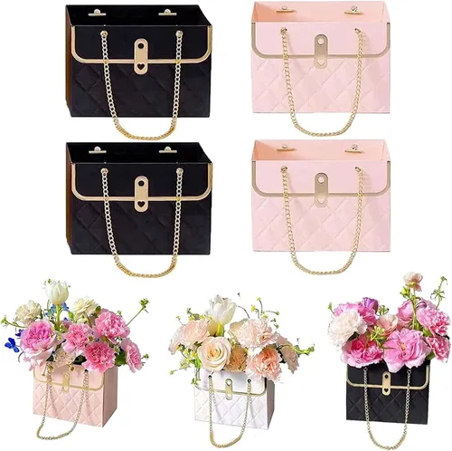 Caja de regalo de papel de flores con cadena de metal, cajas de flores portátiles, cajas para arreglos florales, cajas de flores para arreglos, 4