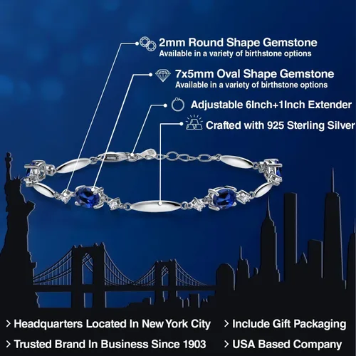 Miniatura 87 de Gem Stone King 925 Sterling Silver Gemstone Birthstone and White Created Sapphire Tennis Bracelet For Women Oval 7X5MM and 2MM 6 Inch + 1 Inch