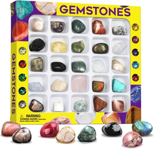 Rocks Collection - Juego de 25 piedras preciosas para niños, piedras preciosas para niños, piedras preciosas curativas de chakras, piedras rodadas y