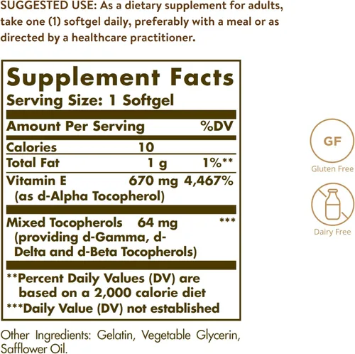 Miniatura 2 de Solgar, Vitamina E, 1.000 IU de D-Alfa-Tocoferol Mixto y Cápsulas Blandas de Tocoferol Mixtas, 100 Unidades, E3561, 1, 1