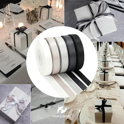 Miniatura 5 de HUIHUANG Cinta Negra Blanca Plateada de 3/8" Cinta de Satén Surtida 5 Colores Cinta de Color Sólido de Doble Cara para Envoltura de Regalos de Días