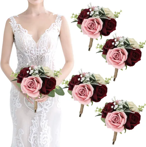 Miniatura 11 de Ramos de dama de honor para boda, juego de 6 ramos de flores artificiales para decoración de otoño, boda, propuesta de matrimonio, fiesta, Naranja