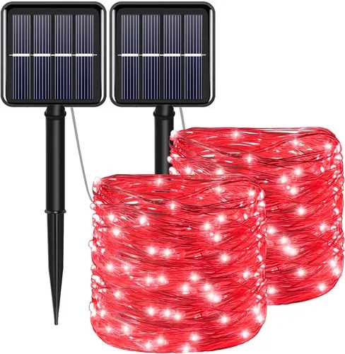 Miniatura 11 de Tira de luces solares azules de Navidad al aire libre impermeables, 2 paquetes, total 200 LED, 20.1 m, 8 modos, luces de hadas de cobre