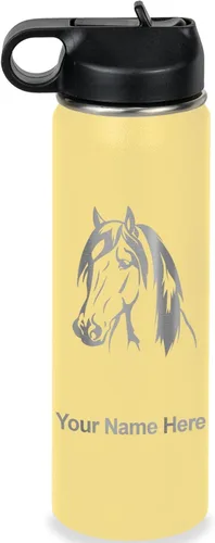 Miniatura 23 de LaserGram Botella de agua personalizada, cabeza de caballo 1, acero inoxidable de doble pared aislada al vacío con popote superior, regalo grabado