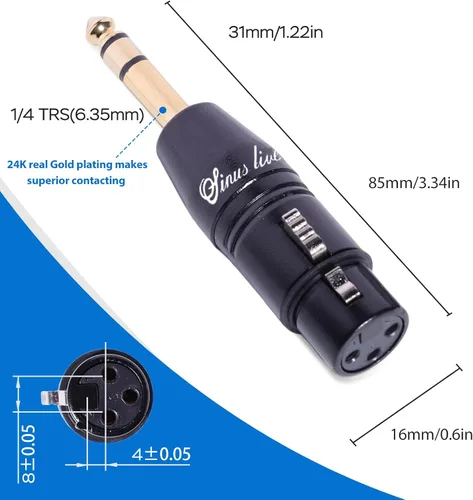 Miniatura 2 de SINUS LIVE 4 paquetes de 24 quilates de oro real XLR hembra macho a adaptador TRS de 1/4 pulgadas, XLR equilibrado a cuarto de pulgada