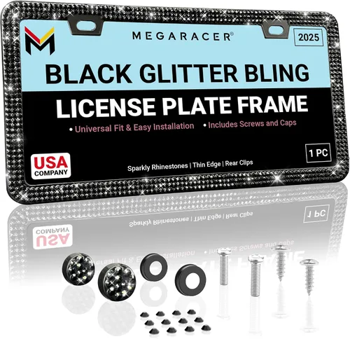 Elegante marco de matrícula para mujer, 1 pieza, 800 diamantes de imitación negros de alta calidad, acero inoxidable sin óxido, diseño delgado legal