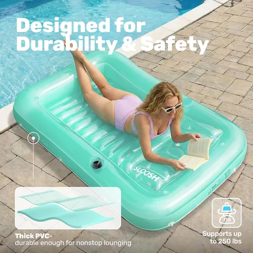 Miniatura 5 de SLOOSH Flotador inflable, camastro para adultos, con almohada, 178 x 117 cm, 4 en 1: balsa-tina bronceadora, camastro para tomar el sol, fiestas Cian