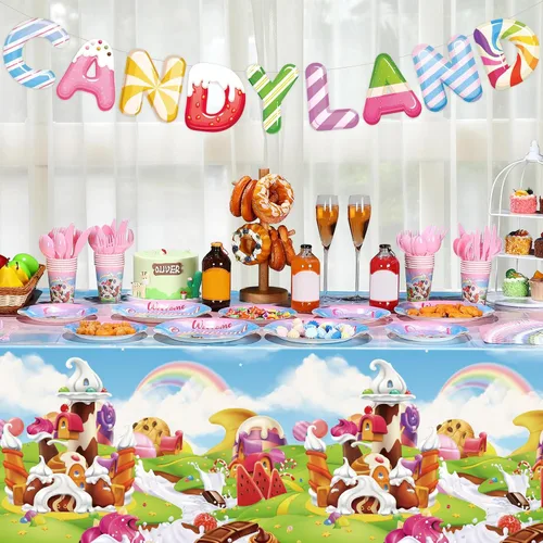 Miniatura 5 de Tiamon 171 piezas de decoraciones de fiesta de donas de Candyland para 24 invitados, decoraciones de fiesta temática de caramelos, incluye platos