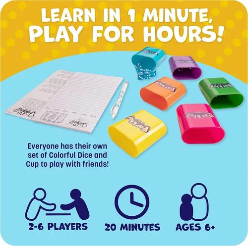 Miniatura 4 de El juego de dados Farkle Deluxe incluye 36 dados coloridos, 6 cubiletes, bandeja de lanzamiento y hojas de puntuación. El clásico juego de dados
