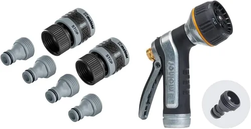 Melnor 65175AMZ - Juego de conectores de conexión rápida de 6 piezas, negro, azul y boquilla de metal 65020-AMZ con juego de adaptador de producto