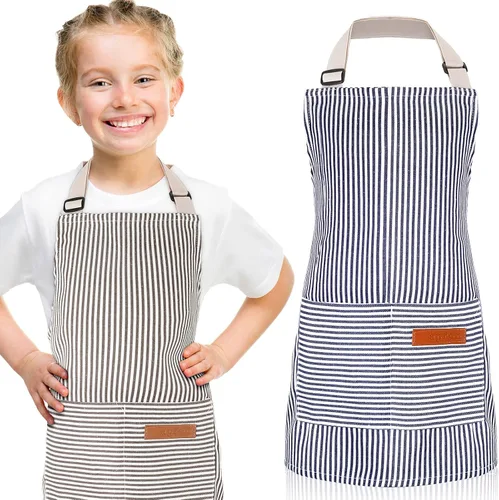 Miniatura 7 de Jiuguva 2 piezas de delantal para niños ajustable de algodón para niños pequeños con rayas de chef con 2 bolsillos para hornear para niños