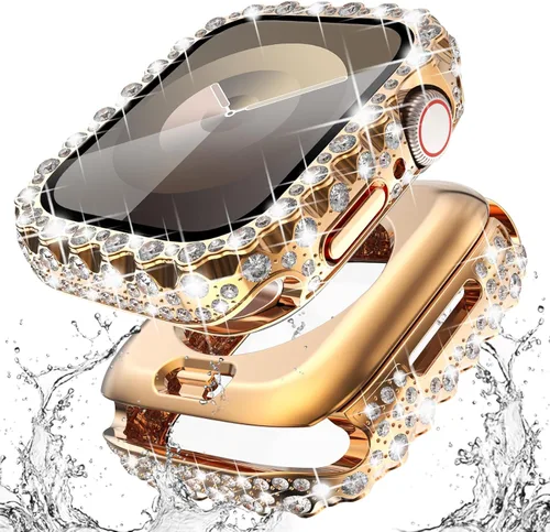 Miniatura 17 de Surace Estuche 2 en 1 impermeable brillante compatible con Apple Watch Series 9/8/7 de 45 mm, protector de pantalla, borde de encaje, diamante