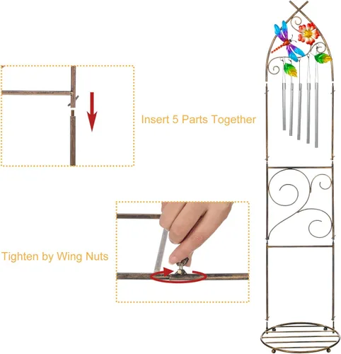 Miniatura 5 de Enrejado de jardín con soportes para plantas, enrejado de metal desmontable de 48 pulgadas para maceta con libélula y campanillas de viento