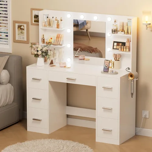 Miniatura 3 de Escritorio de maquillaje con espejo y 10 luces, mesa con 7 cajones y 4 estantes abiertos, 3 modos de color y brillo ajustable, estación de carga