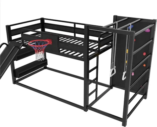 Miniatura 8 de Bellemave Litera de tamaño individual con aro de baloncesto, anillos de dominadas y pared de escalada, litera individual con tobogán y estantería