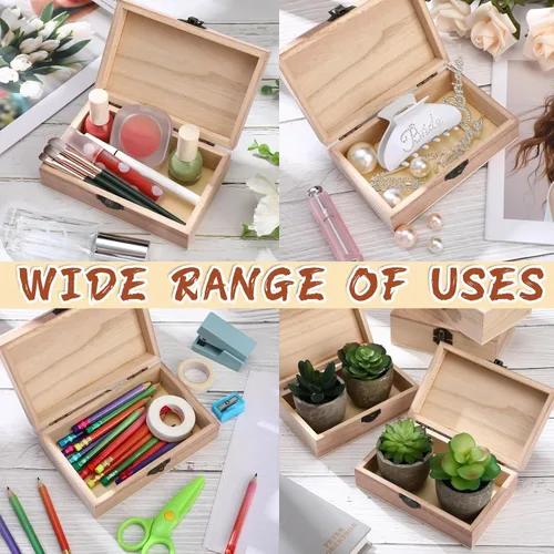 Miniatura 5 de Yookeer 8 cajas de madera sin terminar con tapa con bisagras, caja de madera a granel para manualidades, cierre frontal, almacenamiento de madera