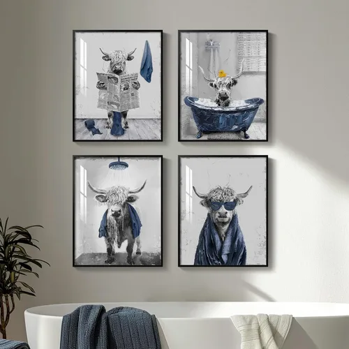 Arte de pared divertido de vaca de las tierras altas enmarcado para baño, 4 piezas de divertidos animales, impresiones artísticas azul marino, linda