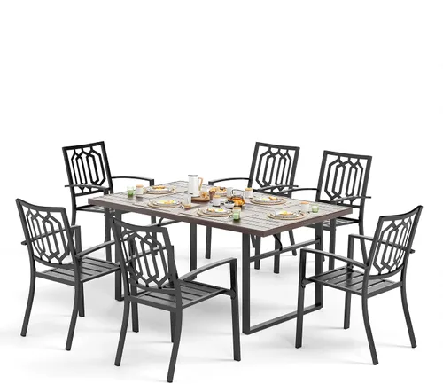 Miniatura 24 de SUNSHINE VALLEY Juego de 7 sillas de comedor para patio, material metálico, 6 sillas de comedor de color teca rectangular con agujero para sombrilla