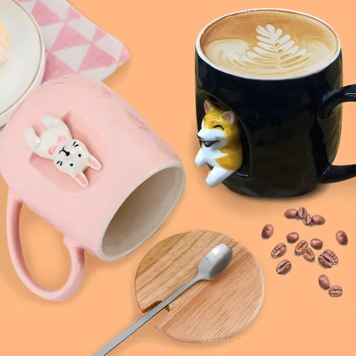 Miniatura 3 de Taza de café de cerámica, diseño novedoso 3D de gato y perro con tapa y cuchara a juego, taza hecha a mano de dibujos animados para té, leche y jugo