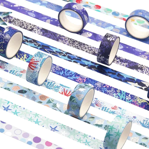 Miniatura 8 de Juego de 10 rollos de cinta washi azul océano, con impresión de lámina plateada, cintas de enmascarar decorativas para artes, manualidades DIY