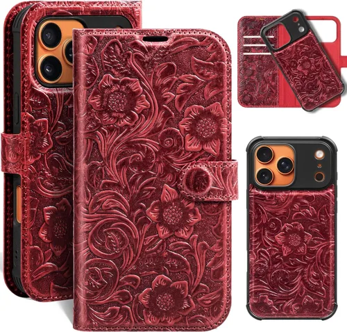 Miniatura 54 de Funda de cuero compatible con iPhone 16 Pro Max Cartera 6.9", cuero genuino 2 en 1, magnética, desmontable, a prueba de golpes, funda tipo folio
