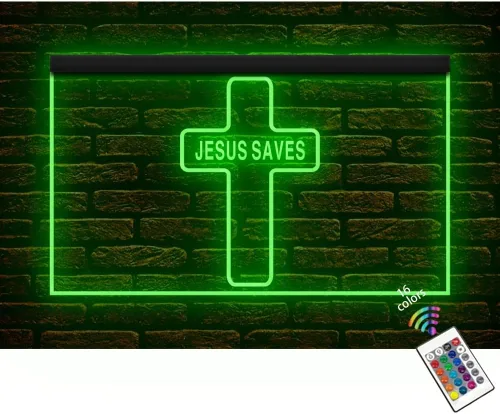 150001 Jesús salva cruces decoración del hogar pantalla iluminada luz nocturna LED luz neón letrero (12 pulgadas x 8 pulgadas, 16 colores por 16