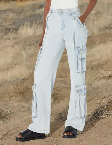 Miniatura 3 de BLANKNYC Ropa de lujo para mujer, de gran tamaño, con bolsillo tipo cargo, jaula, Tencel, pantalones cargo de mezclilla, cómodos y elegantes
