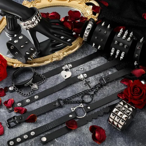 Miniatura 6 de Cunno Juego de 13 pulseras de collar gótico de estilo steampunk para Halloween, estilo steampunk, collar gótico, gargantilla para mujer, ajustable
