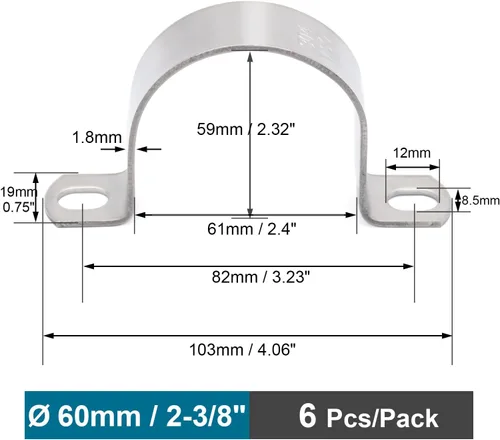 Miniatura 2 de 6 piezas Abrazadera de Conducto 2-3/8" 304 SS Soporte de Tubo Bracket en U, Abrazaderas de Tubo para Cable/Tubería de Agua/Tubería, Abrazadera