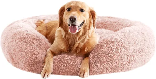 Miniatura 16 de Camas calmantes para perros grandes, cama para perros acolchonada de dona de piel sintética, almohada redonda y esponjosa, cama lavable para Marrón