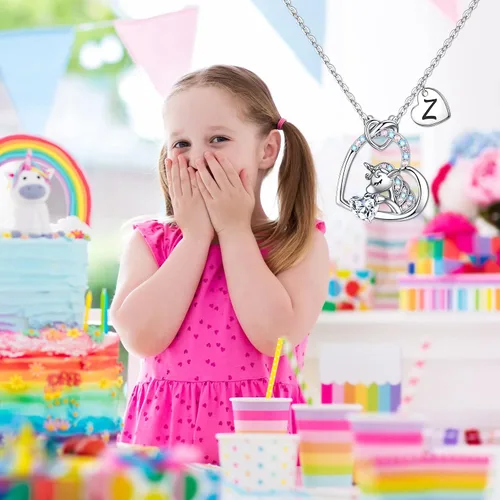 Miniatura 4 de IEFRICH Regalos de unicornios para niñas, collares de unicornio con corazón de circonita cúbica para mujeres y niñas, collares con inicial, joyería