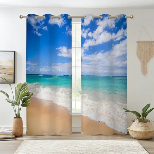 Miniatura 17 de Renaiss Cortinas opacas con diseño de mar tropical, nublado, cielo azul y verde azulado, estrella de mar transparente en playa arenosa, sala